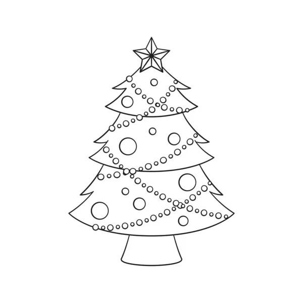 Christmas Tree Fairy Lights Ornaments Golden Star Line Art Cartoon — 图库矢量图片
