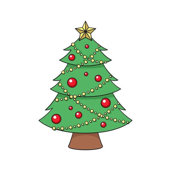 Christmas Tree Fairy Lights Ornaments Golden Star Cartoon Illustration — 图库矢量图片