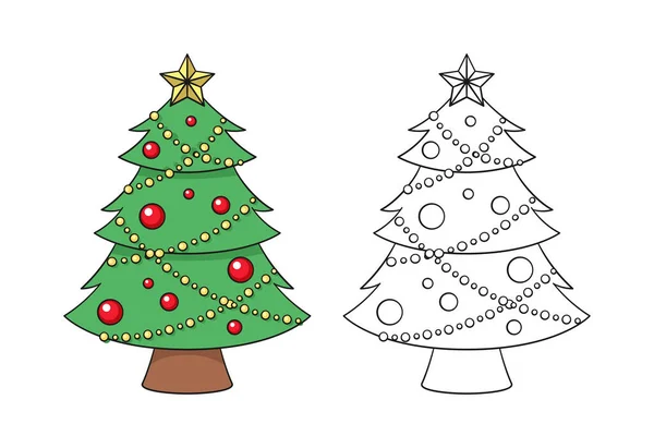 Christmas Tree Fairy Lights Ornaments Golden Star Cartoon Illustration Colored — 图库矢量图片