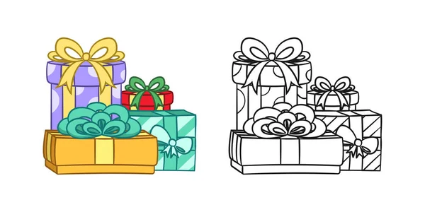 Gift Boxes Bow Cartoon Colored Outline Set Christmas Birthday Present — Vector de stock