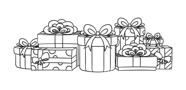Colorful Festive Gifts Boxes Presents Outline Cartoon Illustration Christmas Birthday — Vector de stock