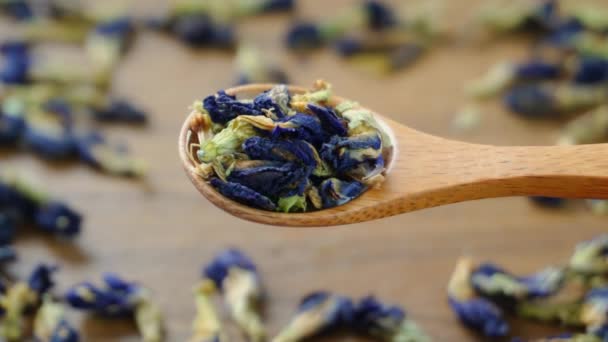 Cuchara Madera Con Mariposa Seca Flor Guisante Azul Hojas Fondo — Vídeos de Stock