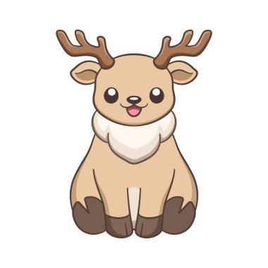 Geyik boynuzlu, mutlu bir chibi tarzı karikatür hayvan resimli ren geyiği. Kışın vahşi yaşam Noel temalı klip sanatı.