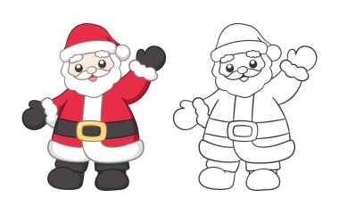 Sevimli, mutlu Noel Baba el sallıyor ve renkli çizimler çiziyor. Noel Baba, Kris Kringle, Aziz Nick. Çocuklar ve yetişkinler için kışın Noel temalı kitap boyama sayfası etkinliği.