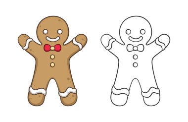 Papyon çizgili ve renkli karalama çizim seti olan tatlı zencefilli kurabiye adam. Çocuklar ve yetişkinler için kışın Noel temalı kitap boyama sayfası etkinliği.