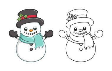 Ökseotu ve atkı çizgili silindir şapka takan sevimli bir kardan adam ve renkli karikatür çizim seti. Çocuklar ve yetişkinler için kışın Noel temalı kitap boyama sayfası etkinliği.