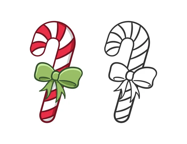 Peppermint Candy Cane Ribbon Outline Colored Doodle Cartoon Illustration Set — Stock Vector