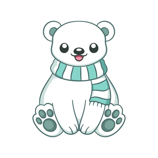 Niedliche Chibi Schnee Eisbär Trägt Einen Schal Animal Cartoon Illustration — Stockvektor