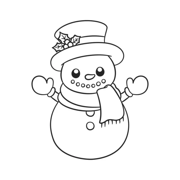 かわいい雪男は ミステリーとスカーフアウトラインドア漫画のイラストとトップ帽子を身に着けています 子供と大人のための冬のクリスマスのテーマのぬり絵のページ活動 — ストックベクタ