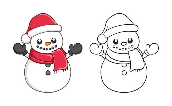 Cute Snow Man Wearing Santa Hat Scarf Outline Colored Doodle — Stock Vector