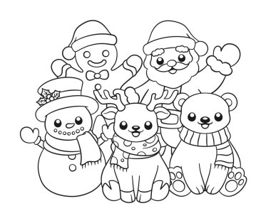 Noel Baba, zencefilli kurabiye adam, kardan adam, ren geyiği, kutup ayısı ana hatları çizgi film çizimi. Çocuklar ve yetişkinler için kışın Noel temalı kitap boyama sayfası etkinliği.