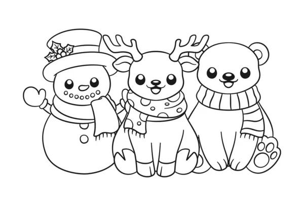 Happy Snowman Reindeer Polar Bear Wearing Scarves Outline Art Doodle — стоковый вектор