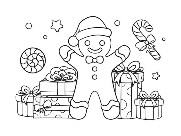 ギフトボックスとペパーミントキャンディー杖アウトラインとジンジャーブレッドの男ラインアートドア漫画のイラスト 子供と大人のための冬のクリスマスのテーマのぬり絵のページ活動 — ストックベクタ