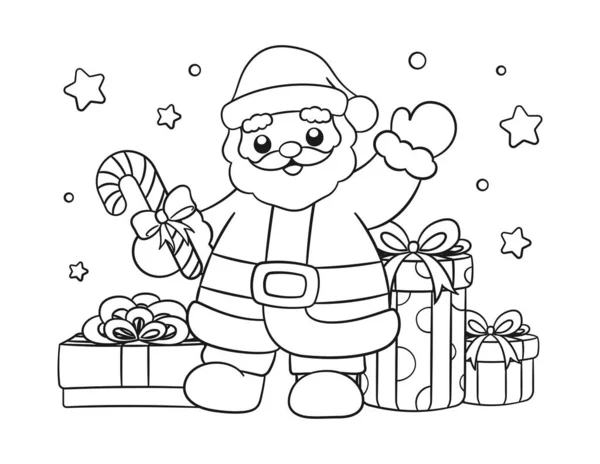 Santa Claus Gifts Candy Cane Outline Art Doodle Cartoon Illustration — стоковый вектор
