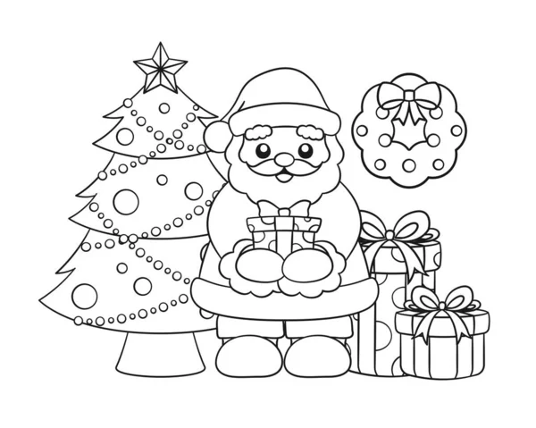 Der Weihnachtsmann Mit Geschenken Kranz Und Weihnachtsbaum Umreißt Die Zeichentrickdarstellung — Stockvektor