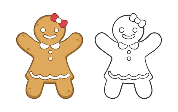 Gingerbread Girl Cookie Zarys Kolorowe Bazgroły Kreskówki Ilustracji Zestaw Winter — Wektor stockowy