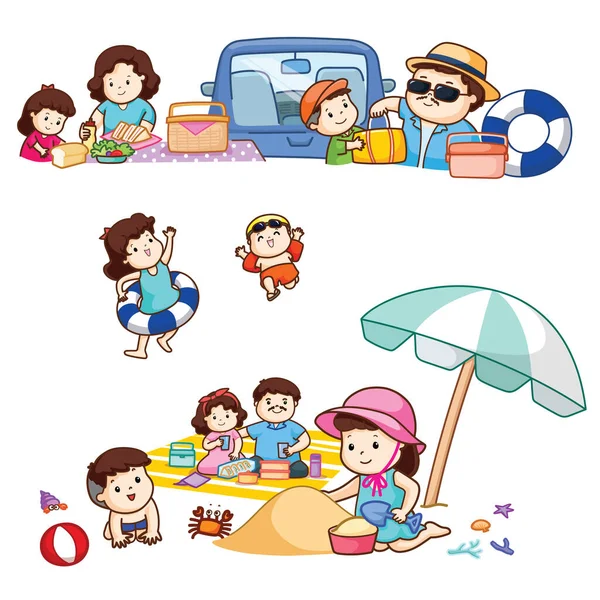 Familia Feliz Disfrutando Playa Durante Las Vacaciones Vector Ilustración — Archivo Imágenes Vectoriales