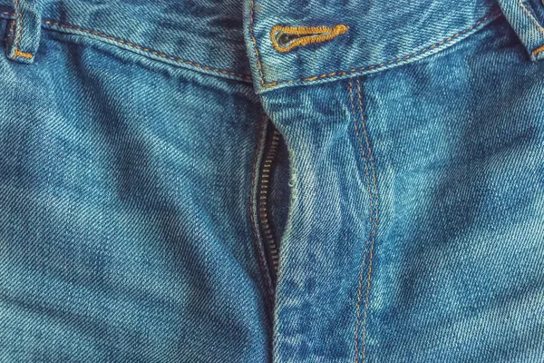 Zipper pada jeans denim klasik close up — Stok Foto