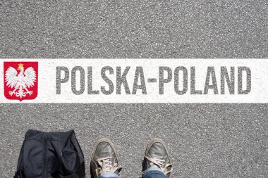 A person with a suitcase stands in front of Poland clipart