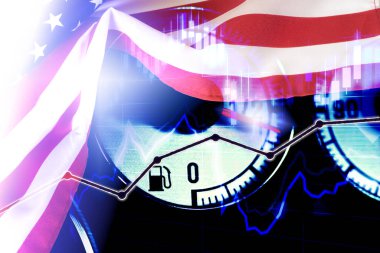 A fuel gauge in the car, flag of USA and price of oil on the stock exchange clipart