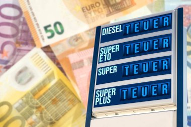 Gas station in Germany with price indication Expensive and Euro banknotes clipart