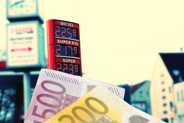 Euro banknotes, gas station and high prices for fuel in Germany clipart