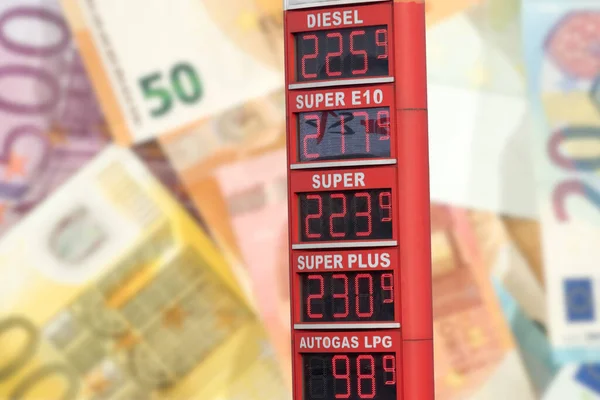 ドイツのユーロ紙幣 ガソリンスタンド 燃料のための高価格 — ストック写真