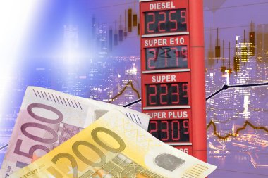 Euro banknotes, stock market and high fuel prices in Germany clipart