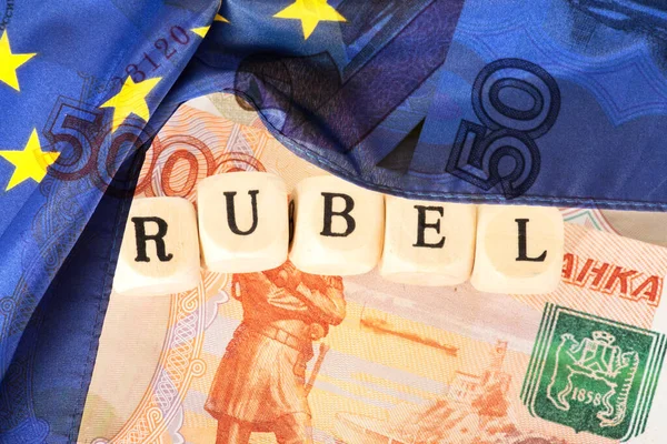 Vlajka Bankovky Evropské Unie Ruské Rubly — Stock fotografie