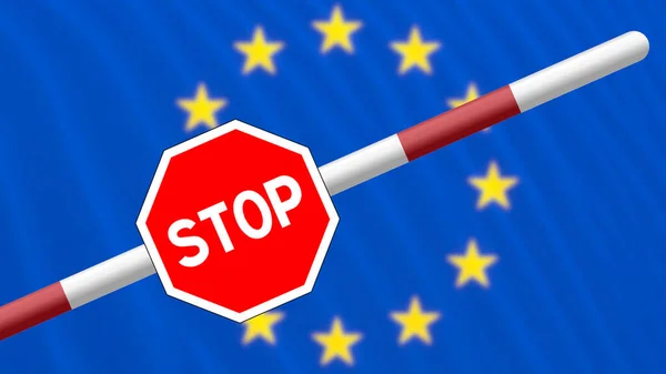 Σημαία Της Ευρωπαϊκής Ένωσης Εμπόδιο Και Πινακίδα Στοπ — Φωτογραφία Αρχείου