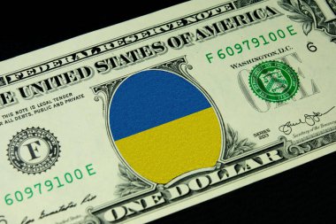 Dollar banknotes and flag of Ukraine