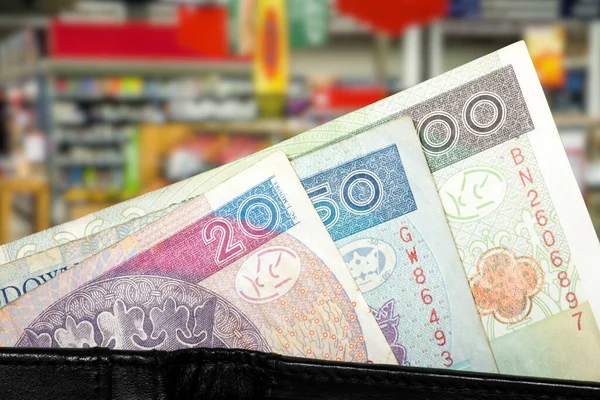 Pénztárca Bankjegyek Lengyel Zloty Egy Szupermarket — Stock Fotó