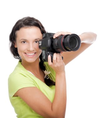 camera.isolated beyaz zemin üzerine ile güzel genç kadın