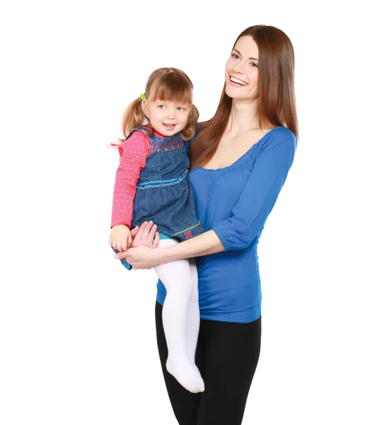 Gelukkig portret van mooie jonge moeder met kleine mooie dochter - geïsoleerd op wit — Stockfoto