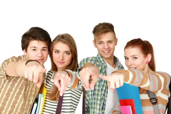 Grote groep van lachende vrienden permanent samen geïsoleerd op witte achtergrond — Stockfoto