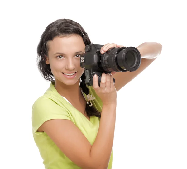 美丽的年轻女子，与 camera.isolated 在白色背景上 — 图库照片