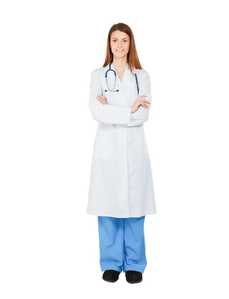 Portrait of happy young doctor woman standing ,isolated on white background — Stock Photo, Image