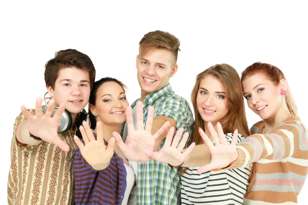 Grote groep van lachende vrienden permanent samen geïsoleerd op witte achtergrond — Stockfoto