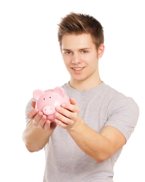 Man holding piggy bank, isolated on white background — Stock Photo, Image
