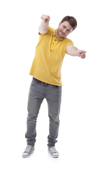 Retrato de jovem mostrando você, isolado em fundo branco — Fotografia de Stock