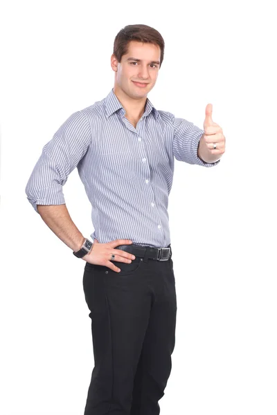 흰색 배경에 고립, 보여주는 남자 — 스톡 사진