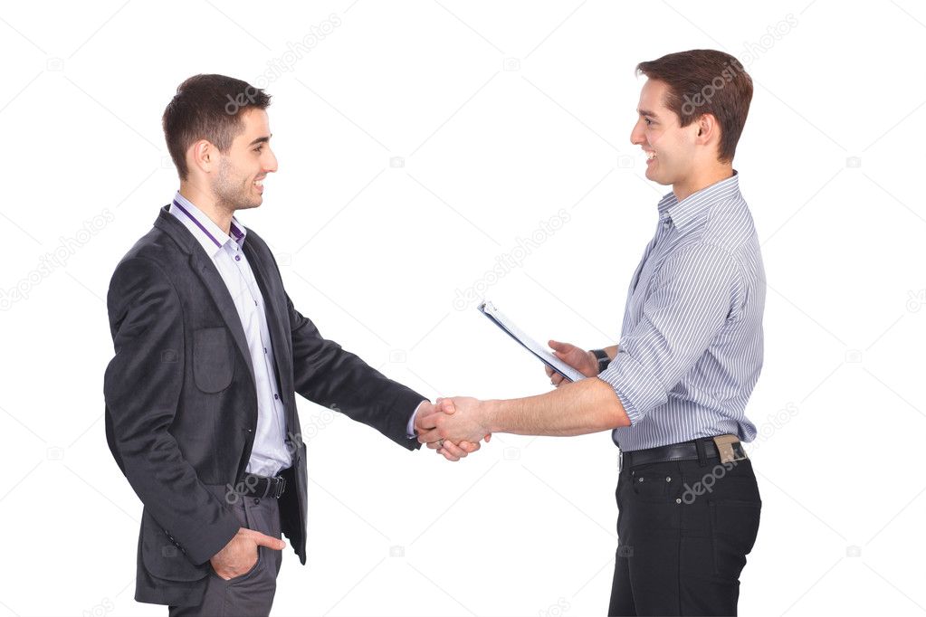 Two business men shaking hands and one of them holding a folder