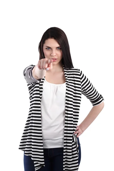 Portrait of an attractive young woman pointing her finger. — Stock Photo, Image