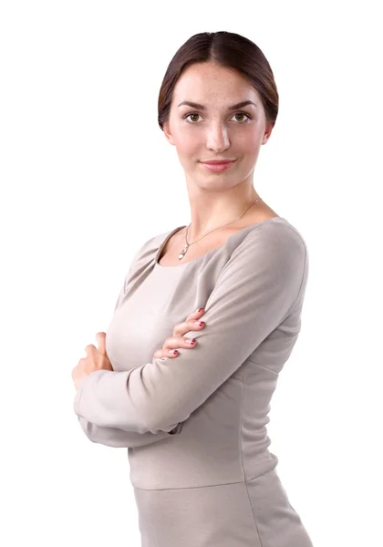 Junge Frau stehend, isoliert auf weißem Hintergrund — Stockfoto