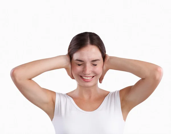 Portrait of woman with hands on ears — Stock Photo, Image