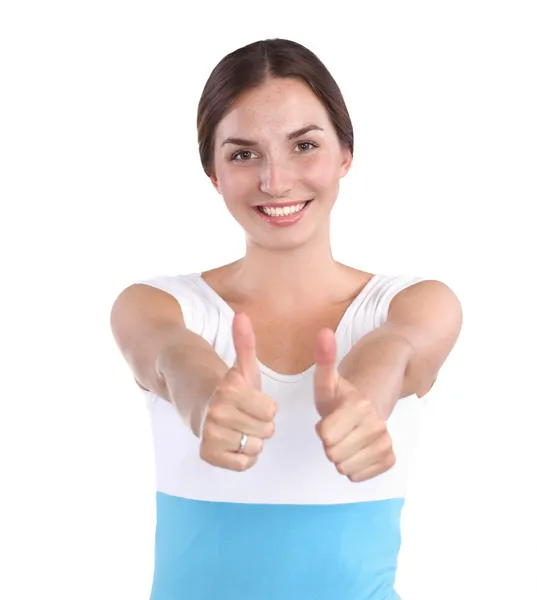 Young woman showing thumb up, isolated on white — Stock Photo, Image
