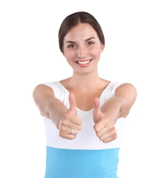 Mujer joven mostrando el pulgar hacia arriba, aislado en blanco — Foto de Stock