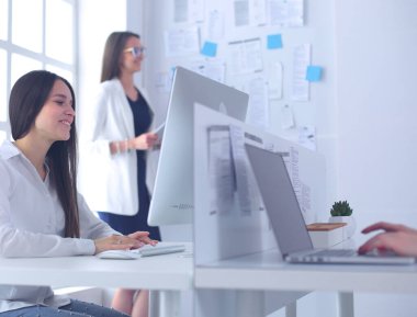 Ofiste dizüstü bilgisayarda çalışan çekici kadın. İş adamları