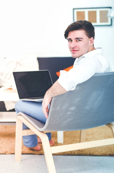 Young Man Sitting Chair Working Laptop Computer — Stock Photo, Image