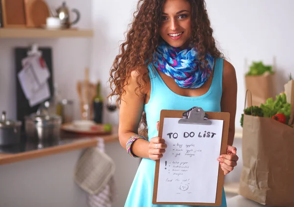 Woman Kitchen Home Standing Desk — Stock Photo, Image